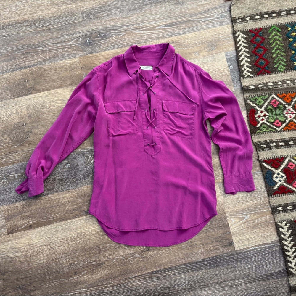 Equipment Knox Magenta Blouse 100% Silk Lace Up Size XS Pink Purple